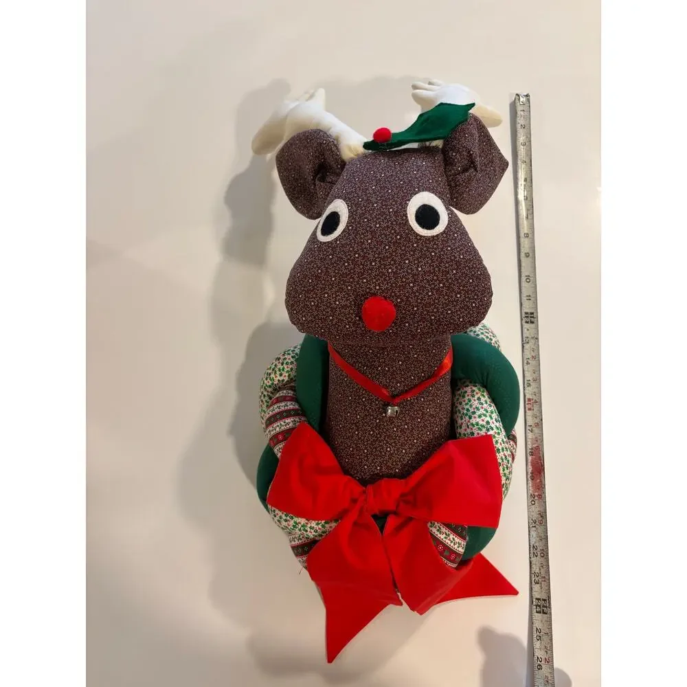 Vintage Patchwork Fabric Reindeer Rudolph Christmas Wreath